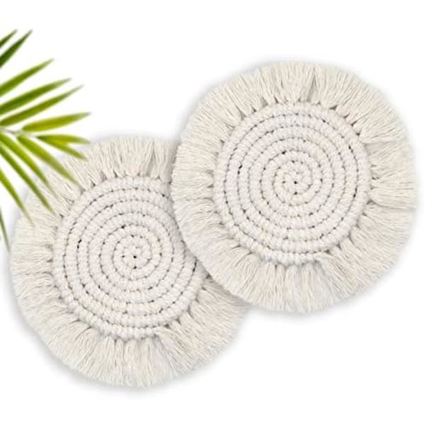 Boho-underlag, sett med 2, søte drikkeunderlag, absorberende for skrivebord, håndlaget macrame-underlag for kopper og krus -