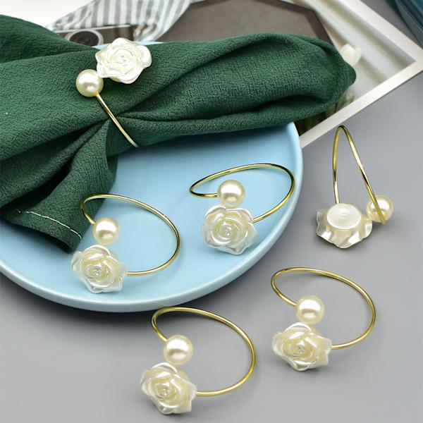Gyldne Perle Serviettringer Sett med 6 Blomster Serviettring for Bryllup, Middagsfest, Bankett, Hvit Rose Serviett for Valentinsdag
