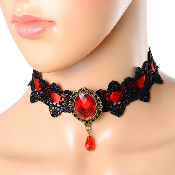 Rød Retro Håndlavet Choker Halskæde til Kvinder Gothic Sort Blonder Halskæde til Halloween Punk Kostumefest Royal Court Vam