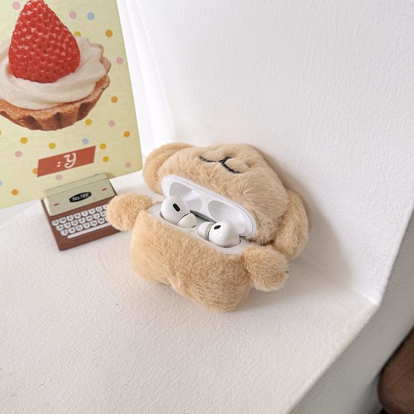 1 st Plyschfodral för AirPods 4, Roligt Sött 3D Tecknad Plysch Kawaii Khakifärgad Valpdesign Mjukt Varmt Skydd för
