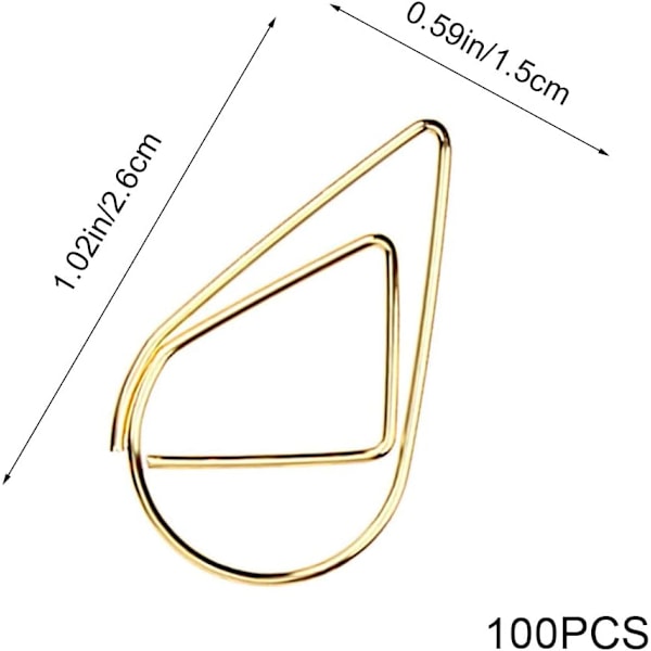 (Guld) 100 stk. Små gyldne papirclips i rustfrit stål, dråbeformede papirclips, bogmærker, papirclips, klemmer til memopapir, foto 15 * 25 mm