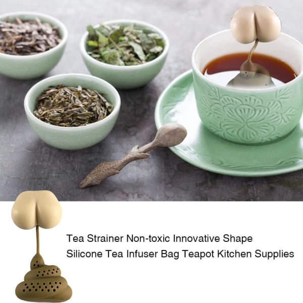 Te-filter i silikon, te-infuser i form av bæsj, te-sil i silikon, te-diffuser