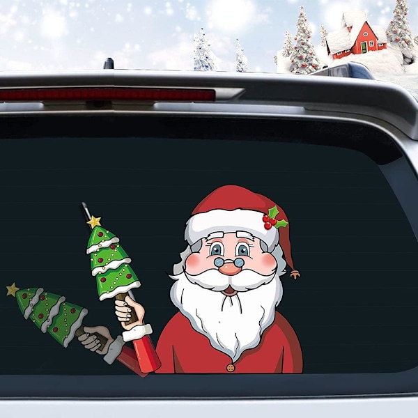 Cute Santa Claus With Christmas Tree-Christmas Santa Claus Rear Window Wiper Decal Funny Waving Arm Wiper Sticker Waterp