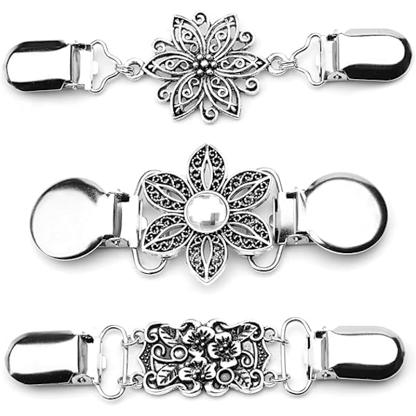 3 st Siliver Dam Cardigan Clip Vintage Tröja Clips med Blommor Rhinestone ,Scarf Krage Metall