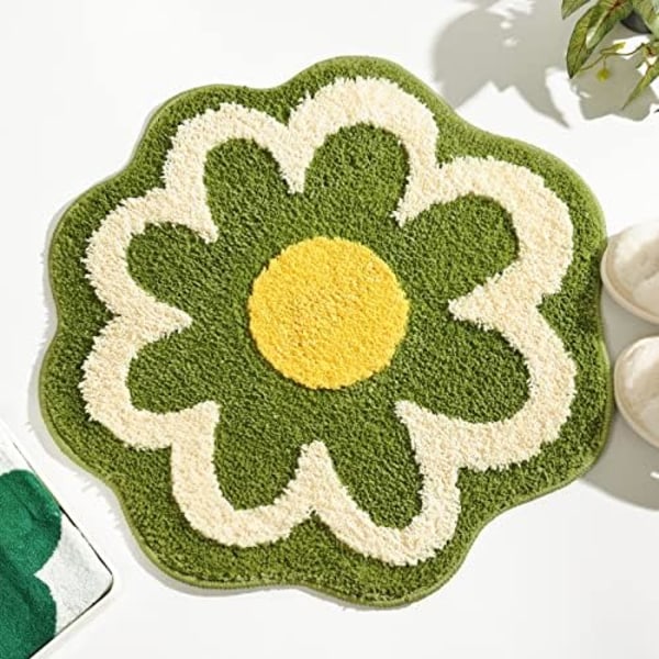 40cm Green Flower Shaped Bath Rug, Non-Slip Water Absorbent Bathroom Mat, Super Cute Machine Washable Bathroom Rug, Smal