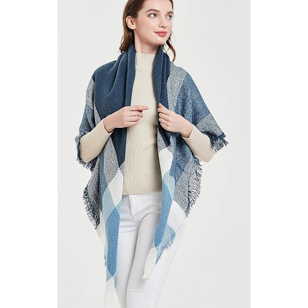 Blå Marine Cyan Kvinders Varmt Tæppe Sjal Kvadratisk Vinter Sjal Store Infinity Sjal Stribet Plaid Sjal
