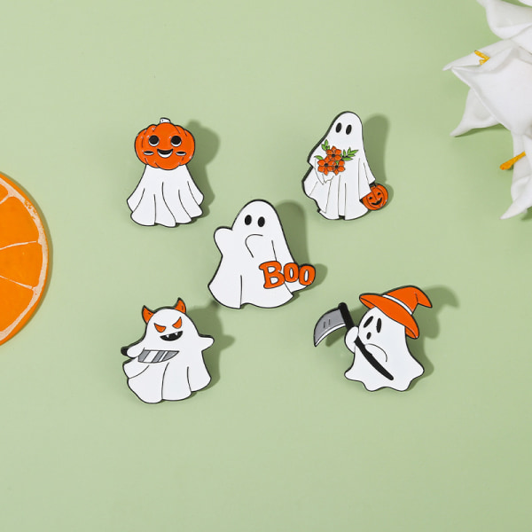 5 stk. søde spøgelse emalje pin sæt - gotiske emoji badges halloween brocher til kvinder/mænd tegneserie boo pu
