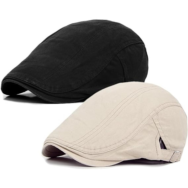 2 stk. Tan/Sort Newsboy Hatte til Mænd Flat Cap Bomuld Justerbar