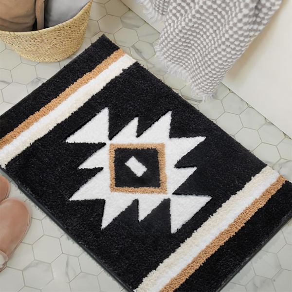 1 st Badrumsmatta Boho Badmatta Halksäker Svart Aztec Badmatta, Mjuk Absorberande Mikrofiber Lyxig Plysch Tvättad Golv
