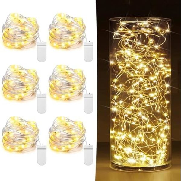 6 Pak Batteridrevne Feelykter 2 meter 20 LED Mini Lyslenker Blinkende Lys Sølvtråd Firefly Stjernelys for