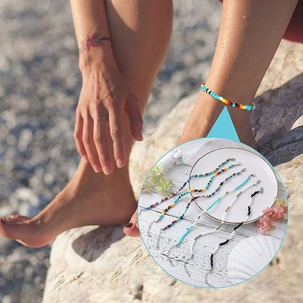 Set med 6 handgjorda pärlade anklets, färgglada Boho glaspärlor