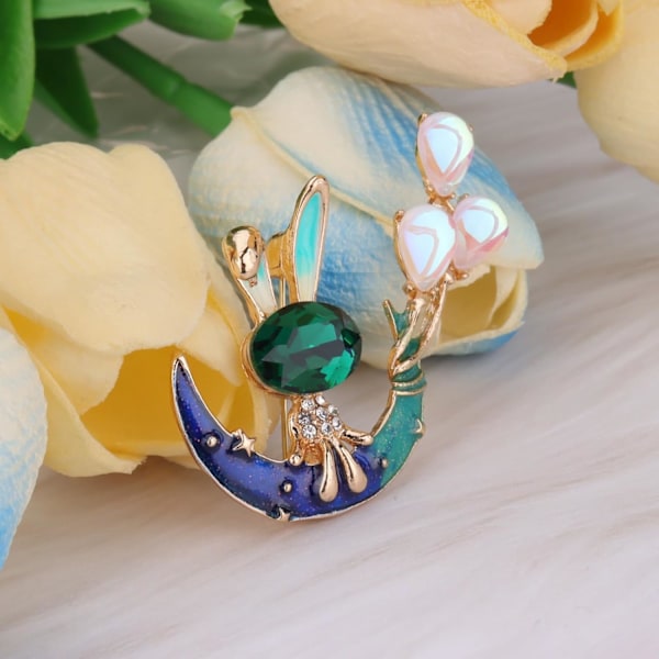 Rhinestone Grøn Kanin Måne Broche Nål til Kvinder Piger Unisex Mode Halvmåne Stjerne Ballon Kanin Dyr Broche Revers Nål Lykke Dekoration Tøj