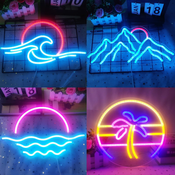 (40 x 22 cm) Sunset & Sea - Wave LED Neonskylt för cool väggdekor för vardagsrum, pojke och flicksäng