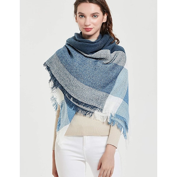 Blå Marine Cyan Kvinders Varmt Tæppe Sjal Kvadratisk Vinter Sjal Store Infinity Sjal Stribet Plaid Sjal