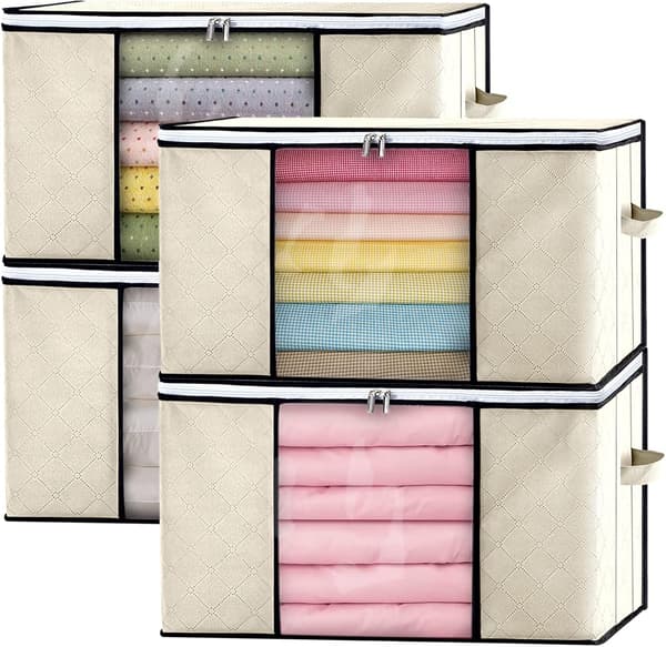 Set med 4 förvaringsväskor för kläder: 90L flyttförvaringslåda, beige