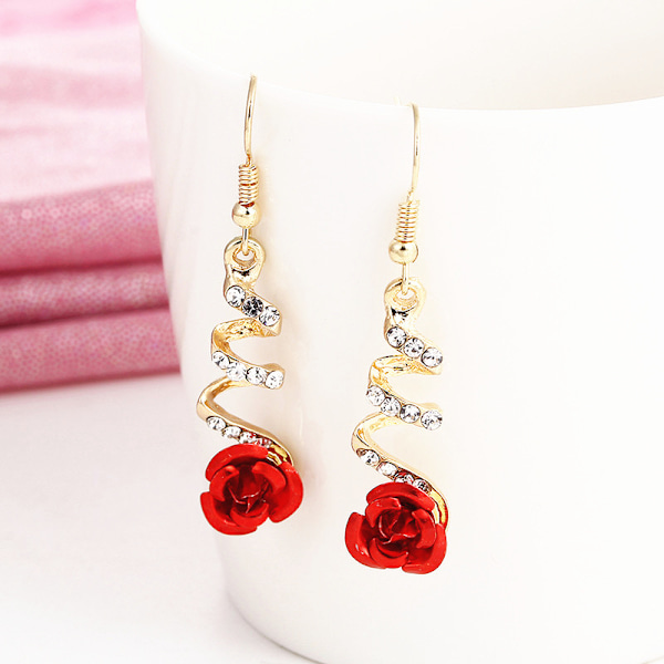 Boho Akryl Røde Rose Øredobber - CZ Rose Drop & Spiral Dangle Ear