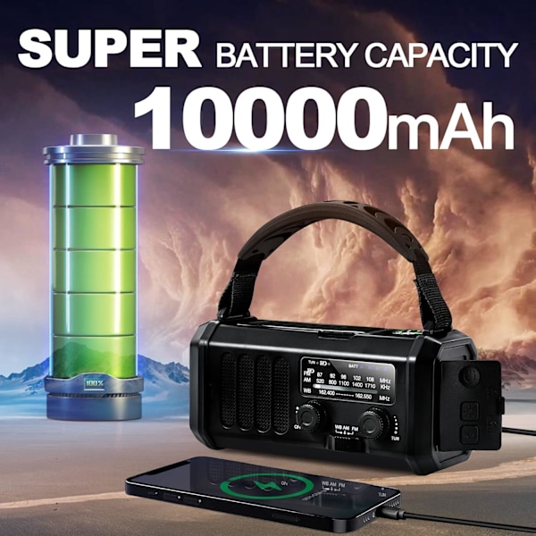st Nödradio med 10000mAh, Portabel Överlevnadsradio FM, AM Batteridriven & Powerbank, Solcellsladdare, Handvev, Typ C, Ficklampa, Readi