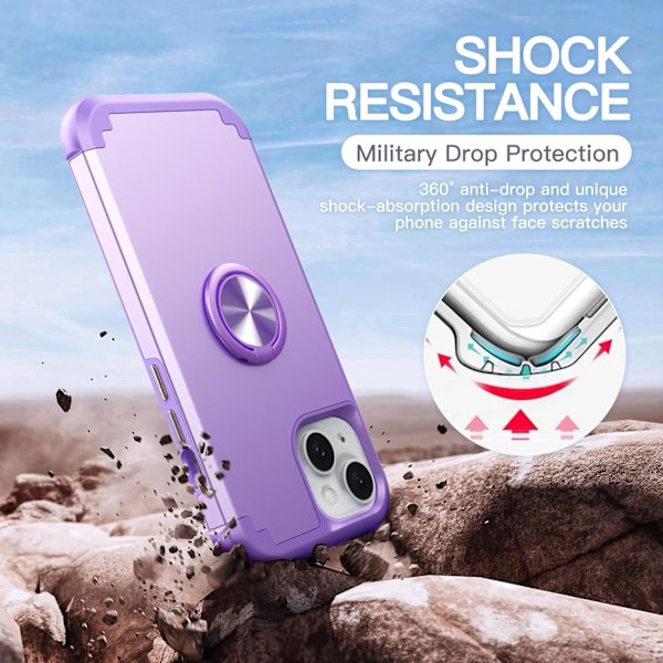 1 kpl iPhone 15 -kotelo 360° renkaalla, 2-in-1 iskunkestävä ultraohut hybridi Heavy D Light Purple
