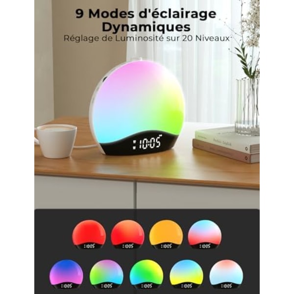 Valoisa herätyskello radiolla, aamunkoiton simulaatio herätyskello LED-yöpöydän lampulla, Bluetooth-toiminto, 20 B