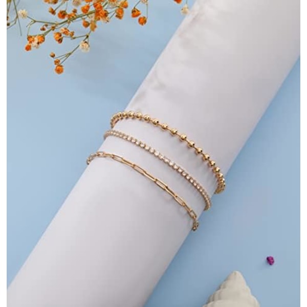 18,5 cm 3 stk. Ankelkæder til Kvinder Teenagere 14K Guldbelagte Ankelkæder Cuban Link Tennis Snake Paperclip Kæde C