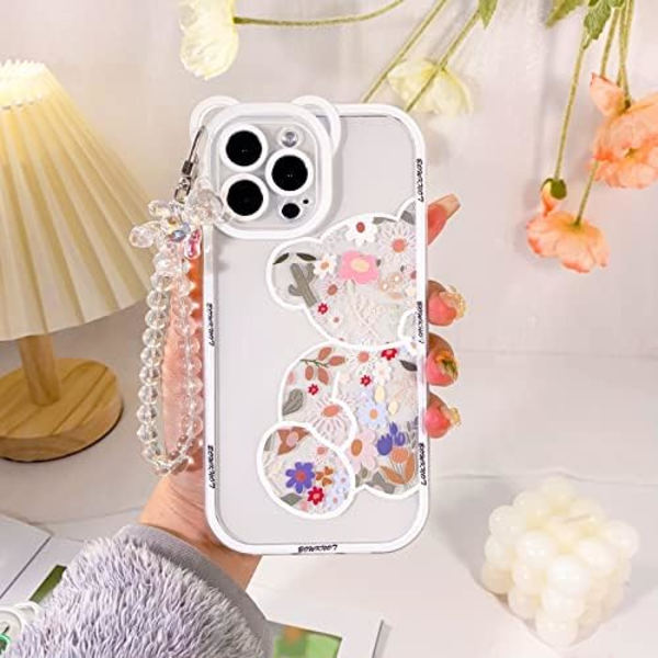 Yhteensopiva iPhone 15 Pro Max -kotelon kanssa, Selkeä söpö kukka- ja karhukuvio tytöille ja naisille, ketjunauha ranteeseen