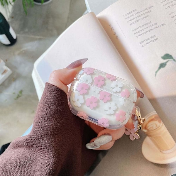 för AirPods 4:e generationens fodral med nyckelring + rengöringskit, Sött Genomskinligt Rosa Blommigt Skyddande Hörlursfodral, Mjuk Transparent TPU för AirPods 4 C