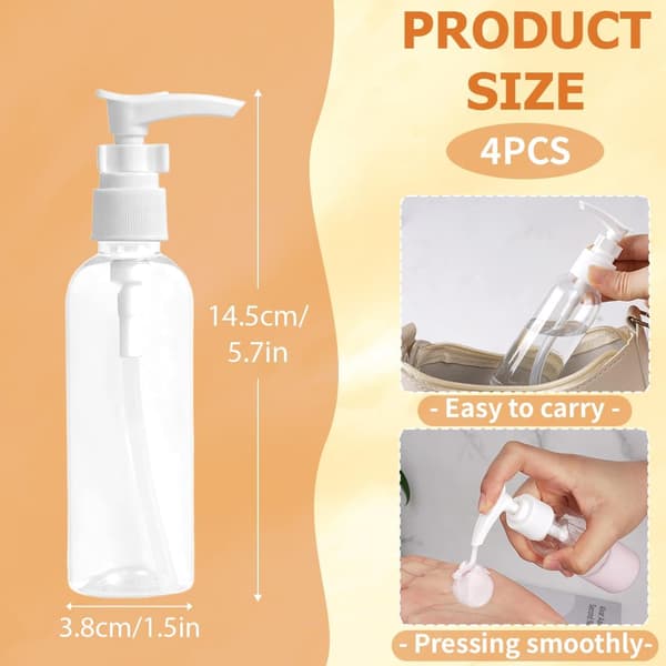 Set med 4 100 ml klara pumpflaskor - Reseflaskor, plast, pumpflaska, lotiondispenserflaska, för schampo, lotion, kräm, kosmetika