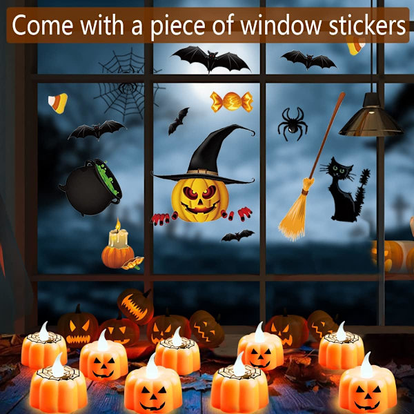 12 stk. Gresskar Tealights Lys Halloween Flammeløse Lys Batteridrevne LED Tealight Smiley Face+Spider Web