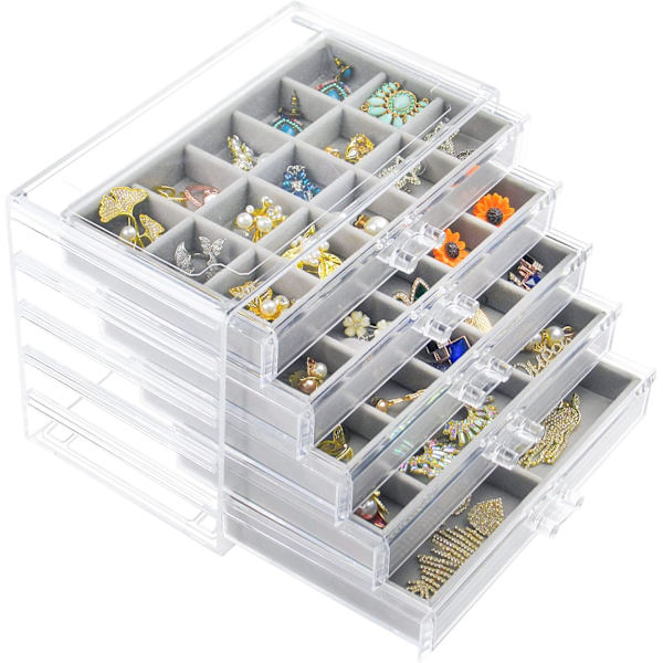 Akryl Smykkeæske med 5 Skuffer, Klar Ørestik Opbevaringsorganisator Display Case til Kvinder Piger, Grå