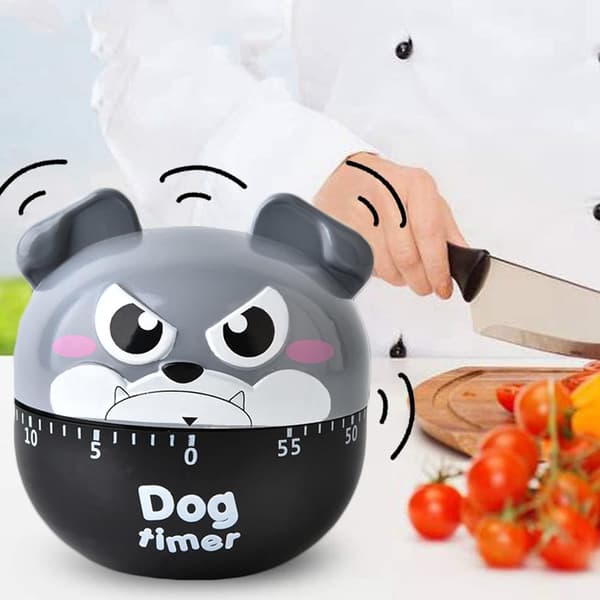 Mekanisk kjøkkentimer, eggtimer, morsom timer, manuell timer, for 60 minutters timer, matlaging og bake påminnelse (Grå valp)