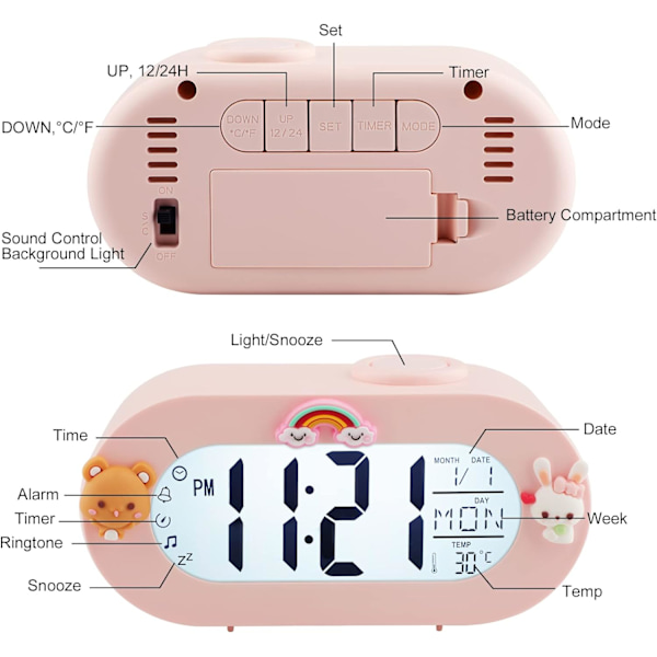 Digitalt vækkeur med snooze-funktion 8 ringetoner 12/24 timer,