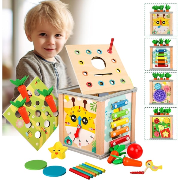 Wooden Activity Cube 9 in 1 Wooden Toy Baby Year Development Montessori Sensory Activity Cube Farm T