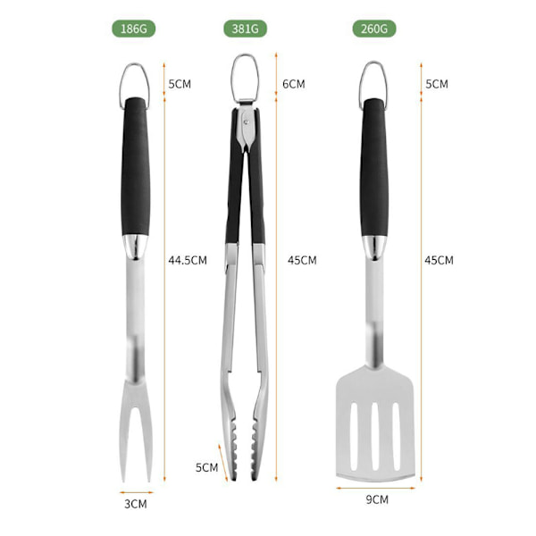 3-delt grilltilbehørsett, grilltang, stekespade og sha