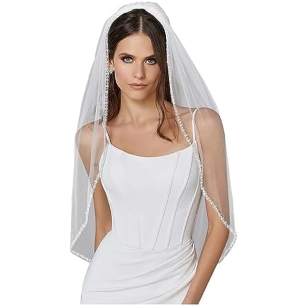 Wedding Veil Pearls and Crystals Beaded Edge 1 Tier Soft Tulle Fingertip Length Bridal Veil with Comb