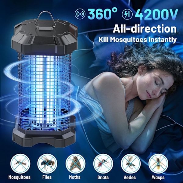 Bug Zapper utendørs, 4200V elektrisk myggzapper innendørs, insektfluezapper vanntett wi