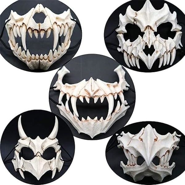 Japansk Halloween-mask Halv ansikte Hartsmask i vitt Skräck Tiger Cosplay-mask Halloween-dekorat