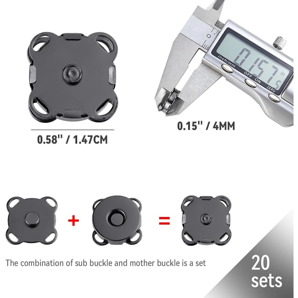 20 Sett Plomme Magnetiske Trykknapper for Sytilbehør 15mm Veske Trykklåser Knapper for Søm, Håndverk, Vesker, Klær, Lær (Svart)