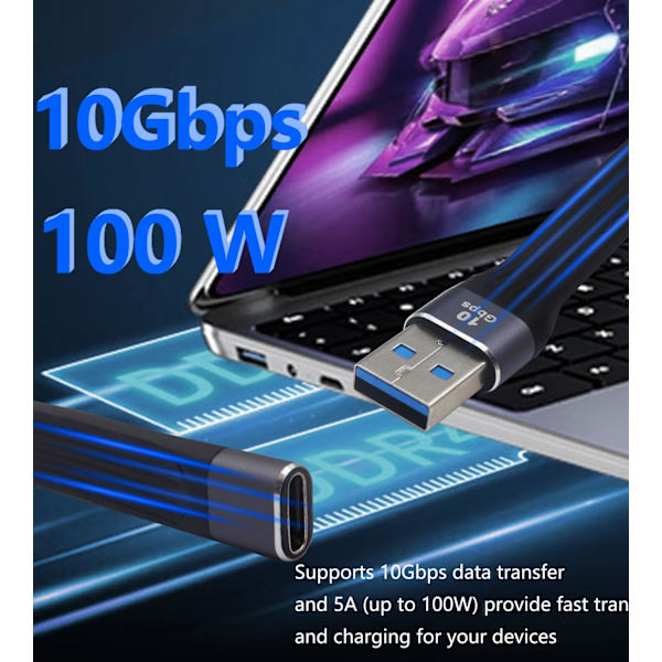 10 Gbps USB 3.1 Litteä Pehmeä Datakaapeli 100W USB3.1 Uros - Type C Naaras 4K@60Hz Lyhyt USB C