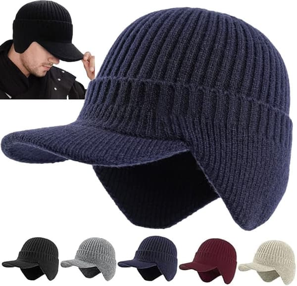 22cm Elastisk Varm Öron Skyddande Stickad Mössa, Vinter Beanie Utomhus Varma Mössor med Brätte och Öronklaffar