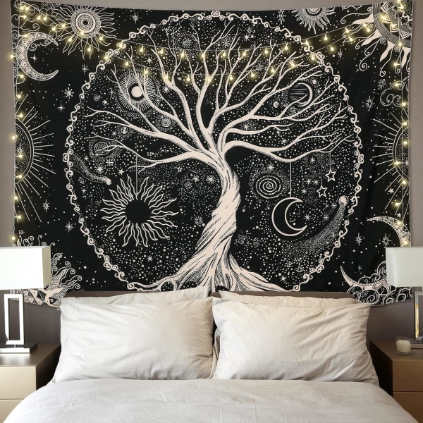 (150x200cm) Elämänpuu Kuu ja aurinko Tapestry Musta seinäripustin