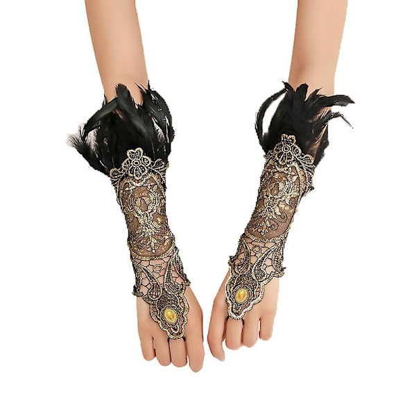Vintage Dame Fjær Blonder Fingerless Lange Handsker Stræk Manchetter Armbånd Til Bryllup Halloween Fest