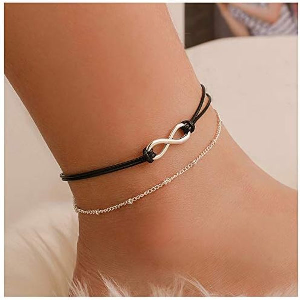 24,5 cm Bohemian Kerrostettu Musta Nahka Anklet Ikuisuuden Solmu Riippuva Koru Jalkaketju Boho Ranta Jalkakoru Naisille