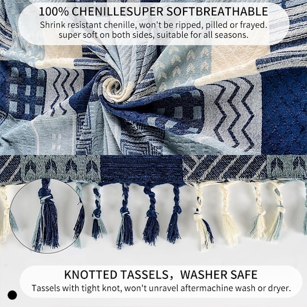 150x190cm Bohemisk Tribal Pläd, Vändbar Färgglad Röd Blå Boho Hippie Chenille Jacquard Tyg Plädöverdrag