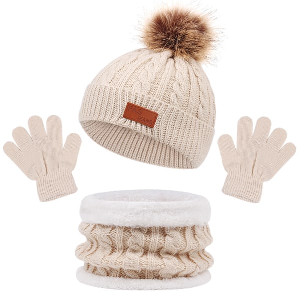 (Beige)Lasten yksivärinen lämmin hattu, huivi ja hanskat kolmessa
