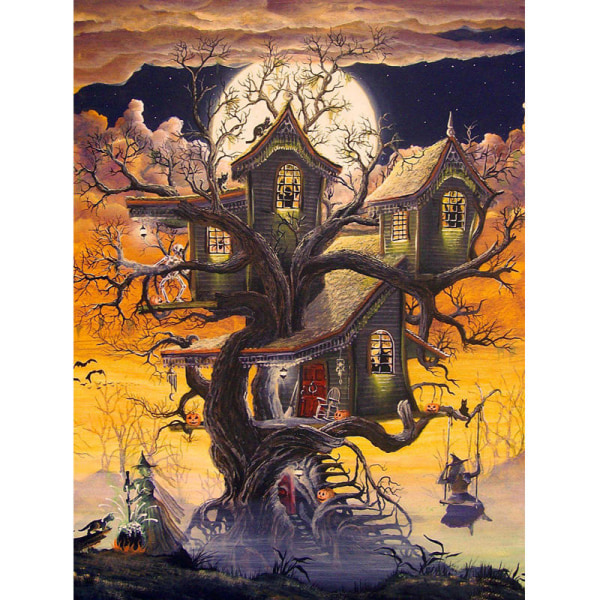 (30x40cm)5D DIY Photo Custom Halloween Tree House Moon Witch Diamond Embroidery Mosaic Modern Design