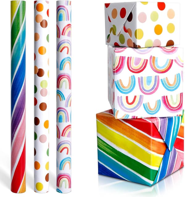 Set med 3 presentpappersrullar, 43×300cm, presentpapper, presentpappersrulle för skolstart, födelsedagar, bröllop, jul