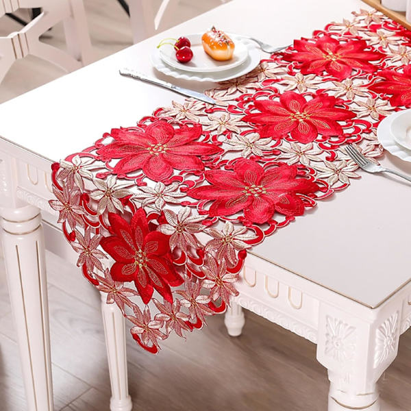 Julepynt - Broderet Julekugler - Rød Blomst Bordflag - Hjemmebordpynt - 38 x 170 cm