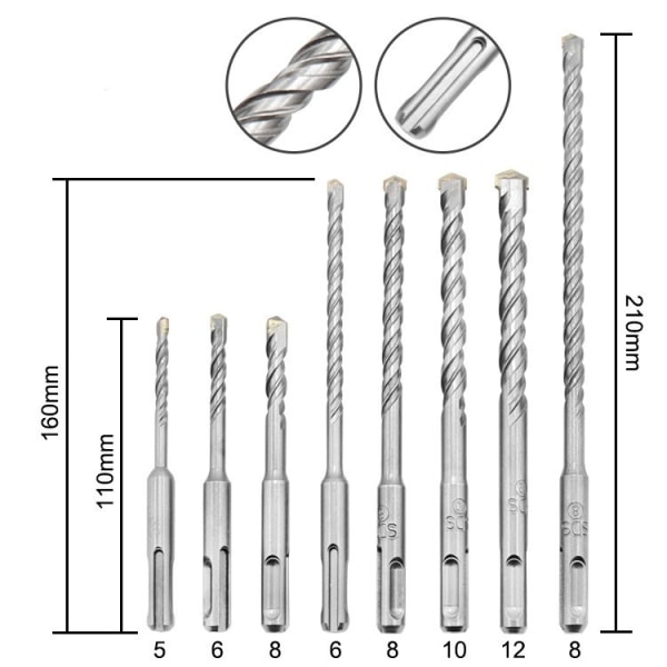 Betondybler, 8 stk (5mm ~ 10mm) Flisebor, SDS-Plus Elektrisk Slagboremaskine, Krydsbor