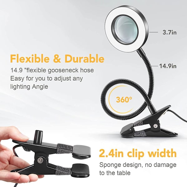 LED-pöytälamppu suurennuslasilla, pidike lamppu USB-laturilla, 360° joustava kiinnitettävä lukulamppu,