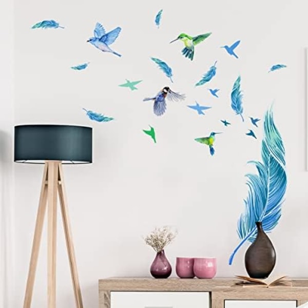(30×60×0.2cm) Blå fjäder väggdekaler Kolibri väggdekaler för vardagsrum Sovrum Matrum Dekoration